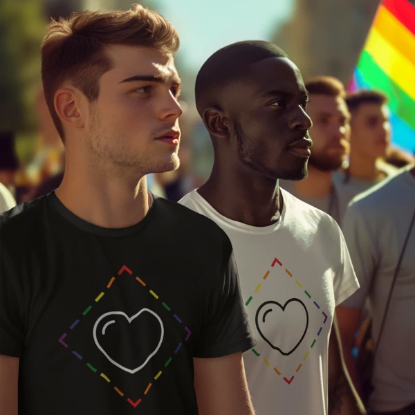 Two men wearing ProudZone rainbow diamond t-shirts at a Pride celebration with rainbow flags in the background.