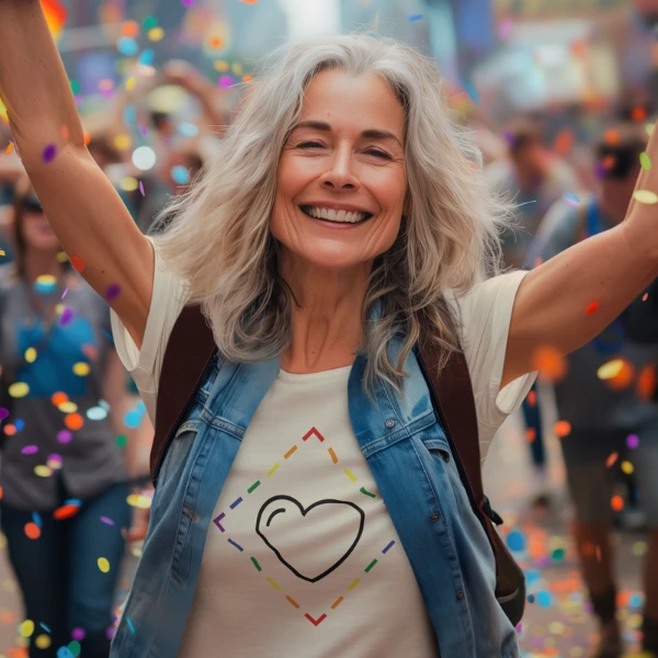 Smiling senior woman wearing a ProudZone rainbow diamond t-shirt at a Pride festival with confetti and rainbow colors.