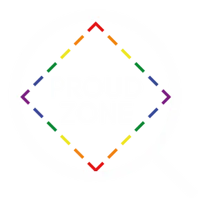 ProudZone logo showing a magnifying glass with a rainbow diamond inside, representing the search for safe and inclusive LGBTQ+ community spaces