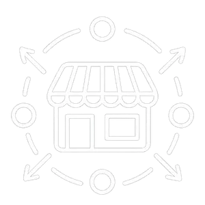 ProudZone For Businesses icon showing a storefront surrounded by a network of outward-pointing arrows, representing brand reach and ecosystem integration within the LGBTQ+ community